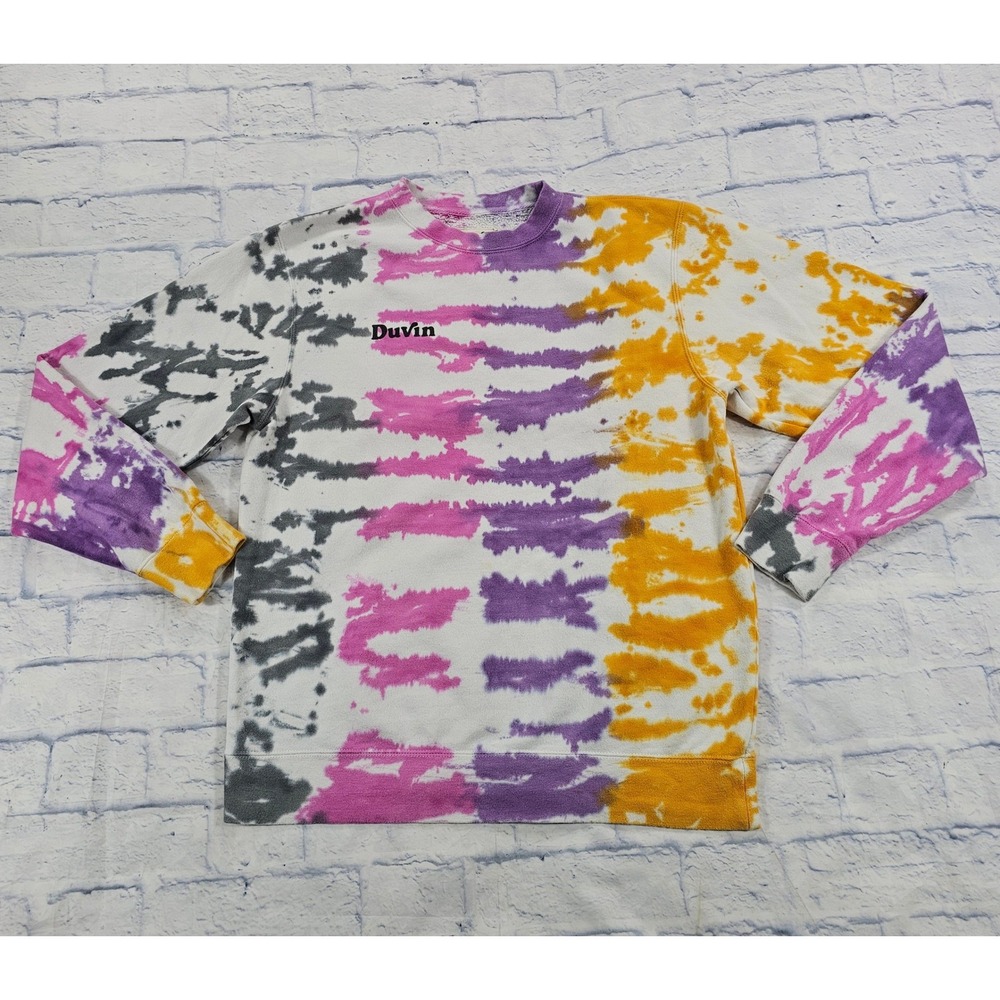 Duvin Sweatshirt Mens Medium Multi Color Tie Dye Stripe Crewneck Pullover Logo
